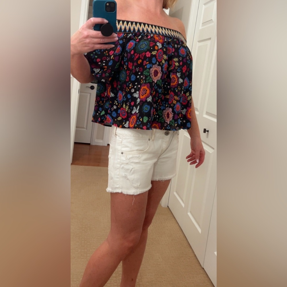 GUESS Boho Floral Off-Shoulder Top in Black